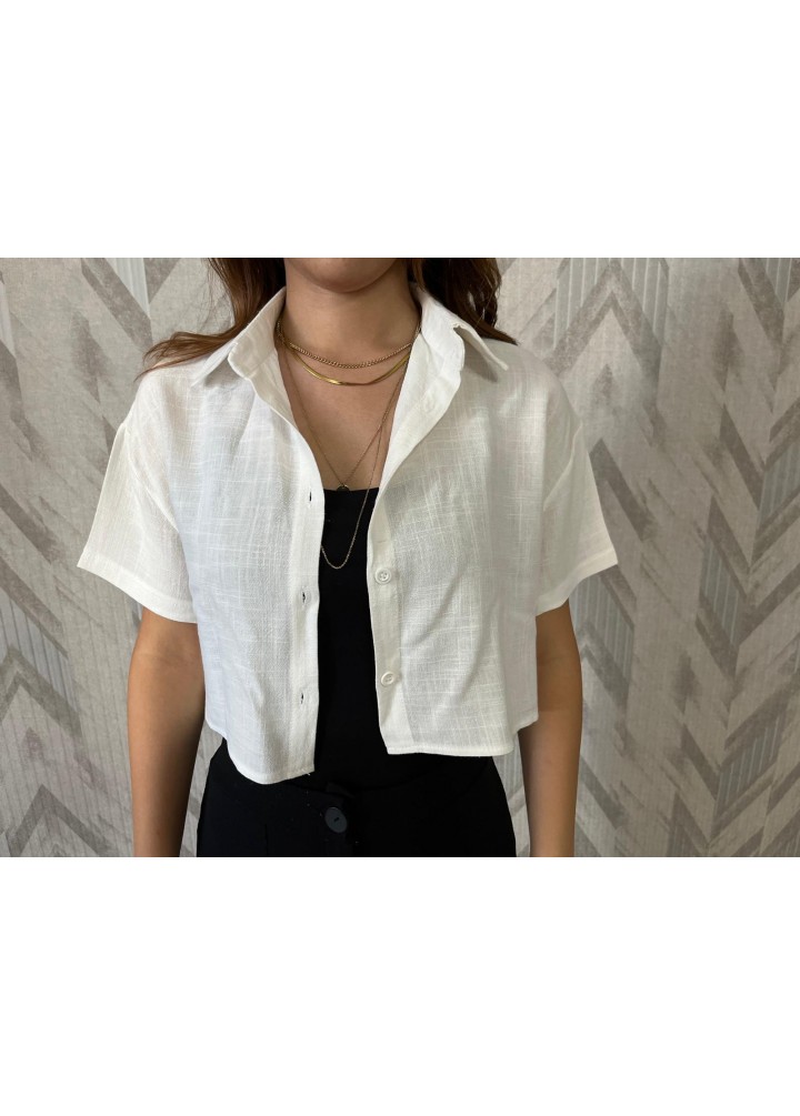 Beyaz Crop Keten Gömlek