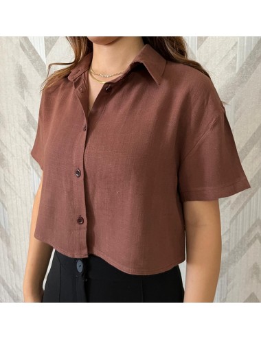 kahverengi Keten Crop Gömlek
