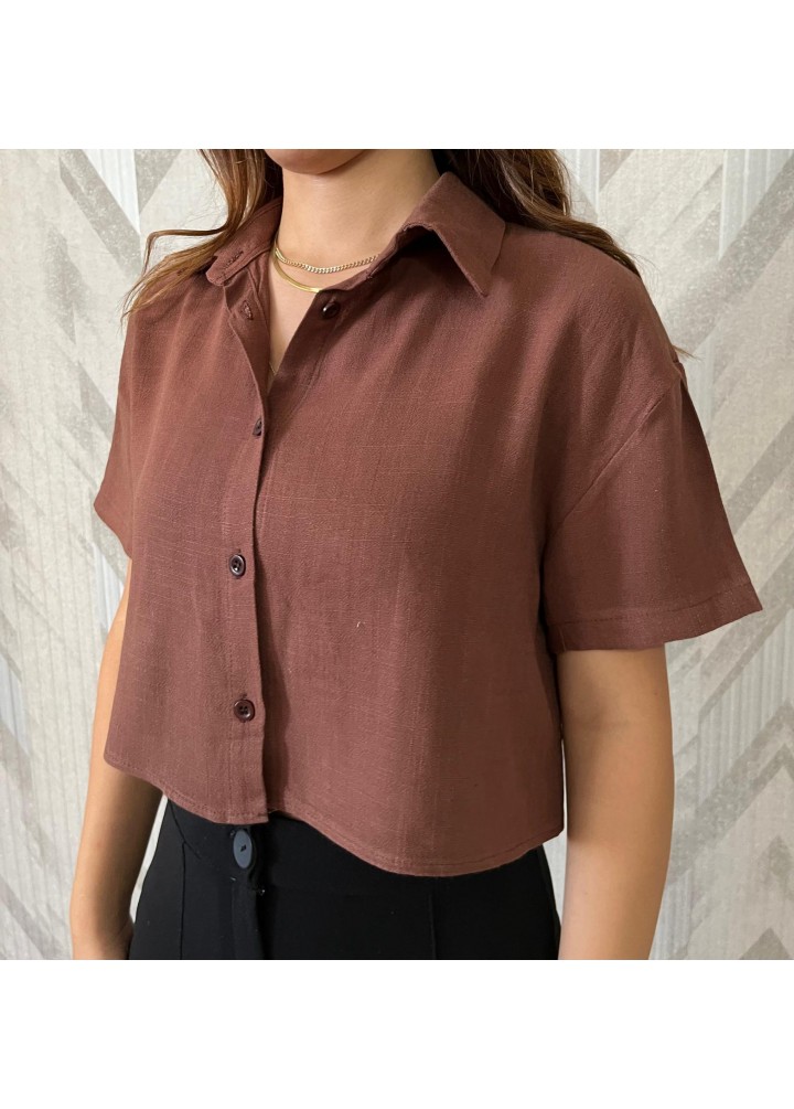 kahverengi Keten Crop Gömlek